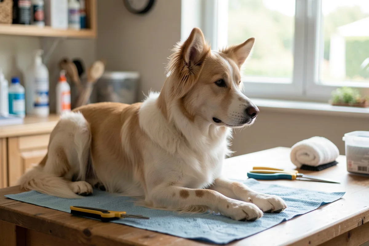 Chien debout sur une table de toilettage, main tendue vers son menton, illustration éditoriale générique