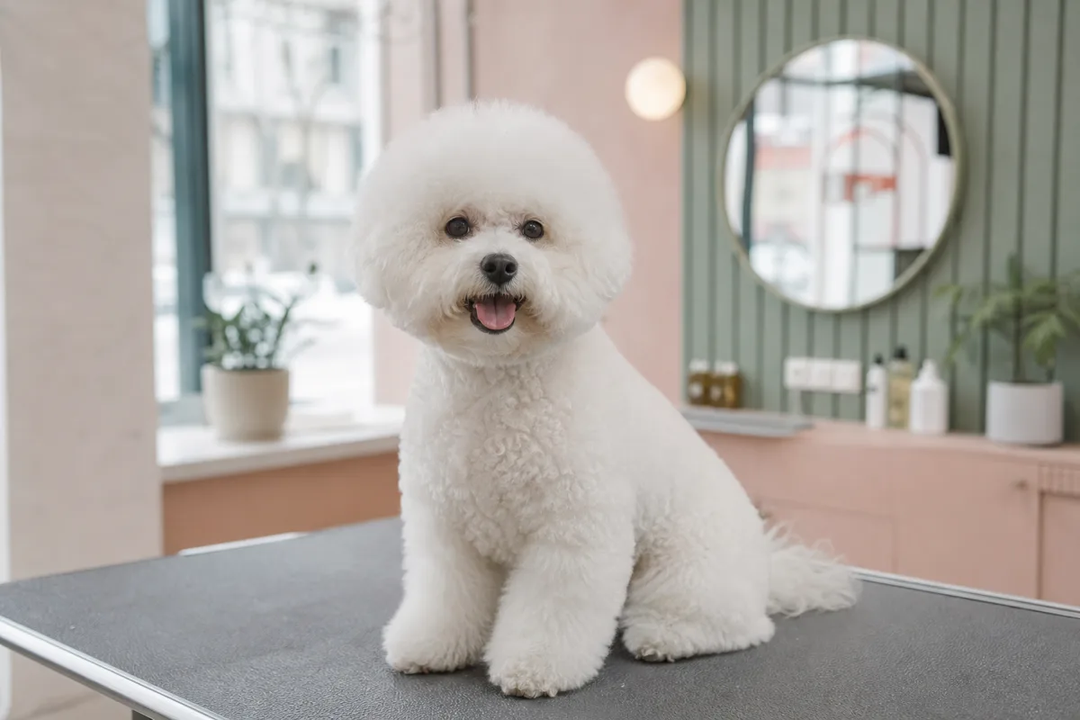 Illustration générique d’un chien blanc sur une table dans un espace de toilettage
