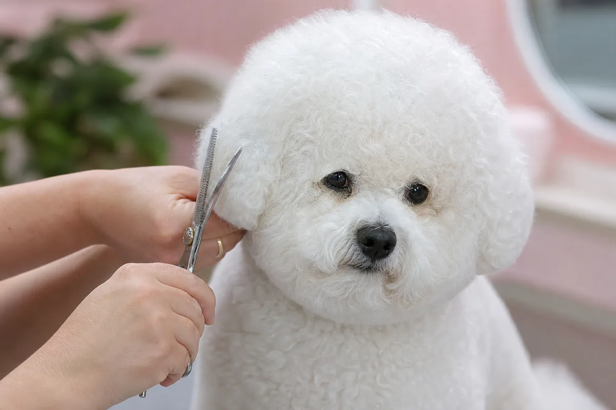 Illustration générique de mains tenant des ciseaux près du pelage d’un chien blanc